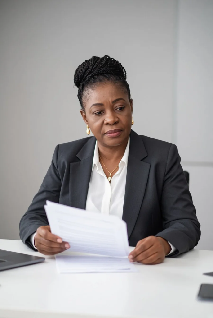Business administrator reviewing documents at a desk