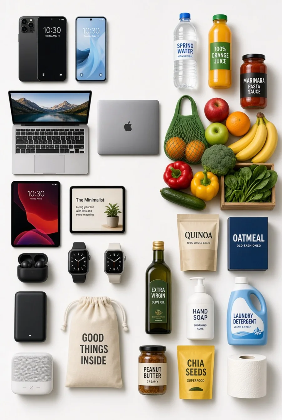 Selection of electronics, gadgets, groceries and everyday products
